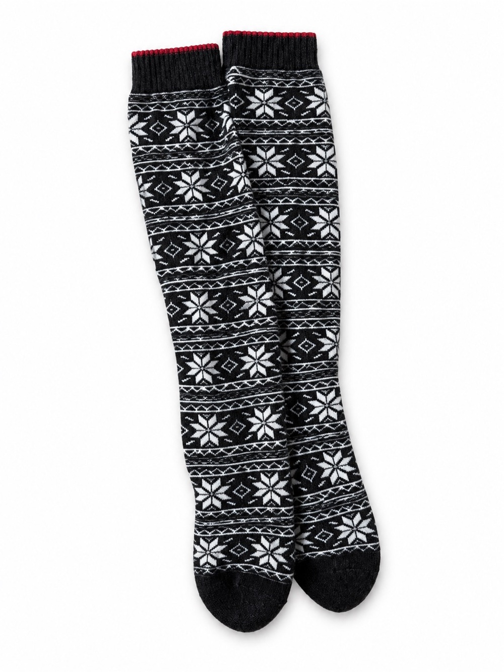 Avalanche Black and White Snowflake Knee-High Socks with Red Trim